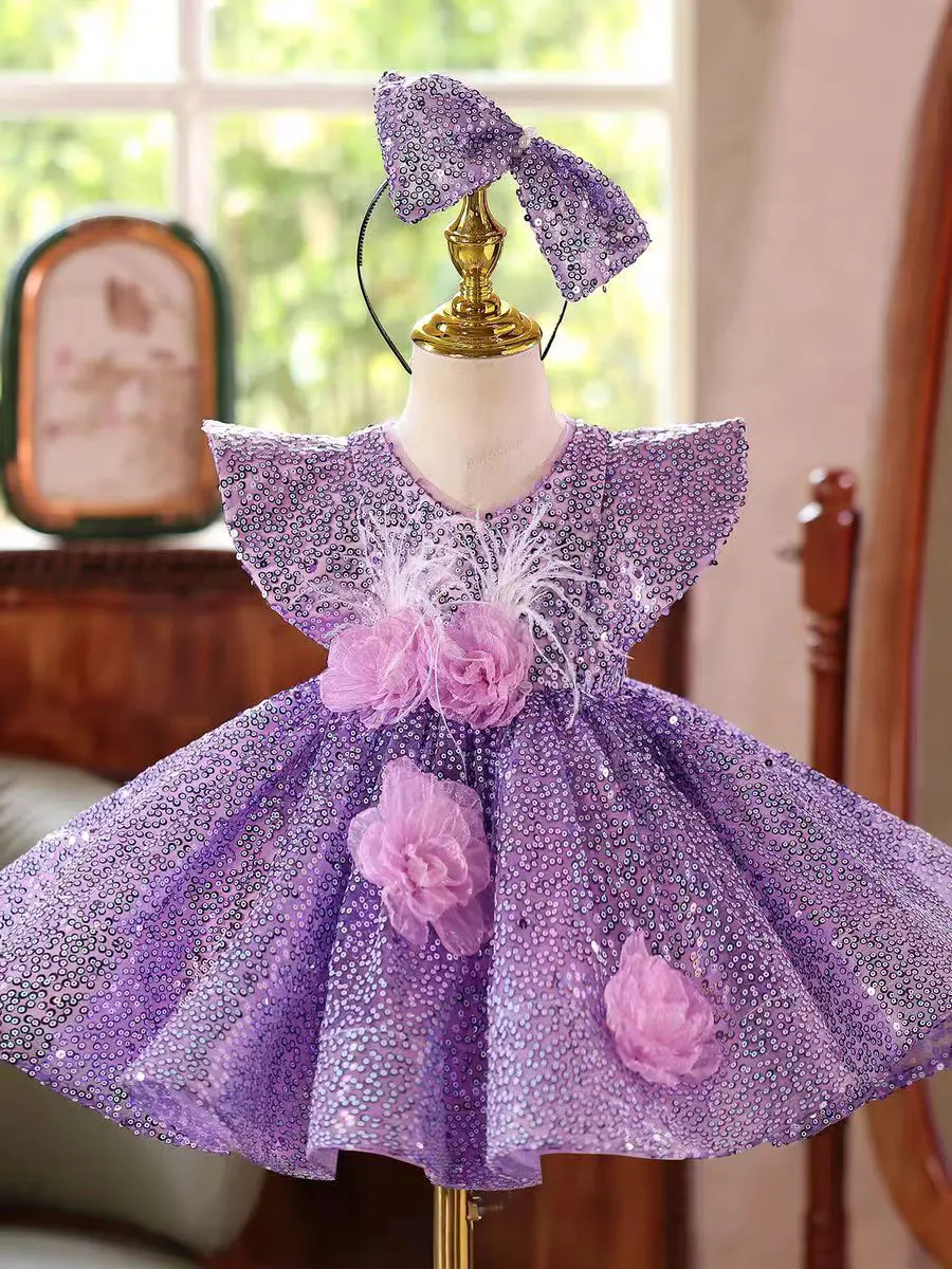 Jill Wish J598 Abito da ragazza di fiore viola Fiori fatti a mano Piume Lunghezza al ginocchio Principessa Bambini Matrimonio Compleanno Festa Abito formale