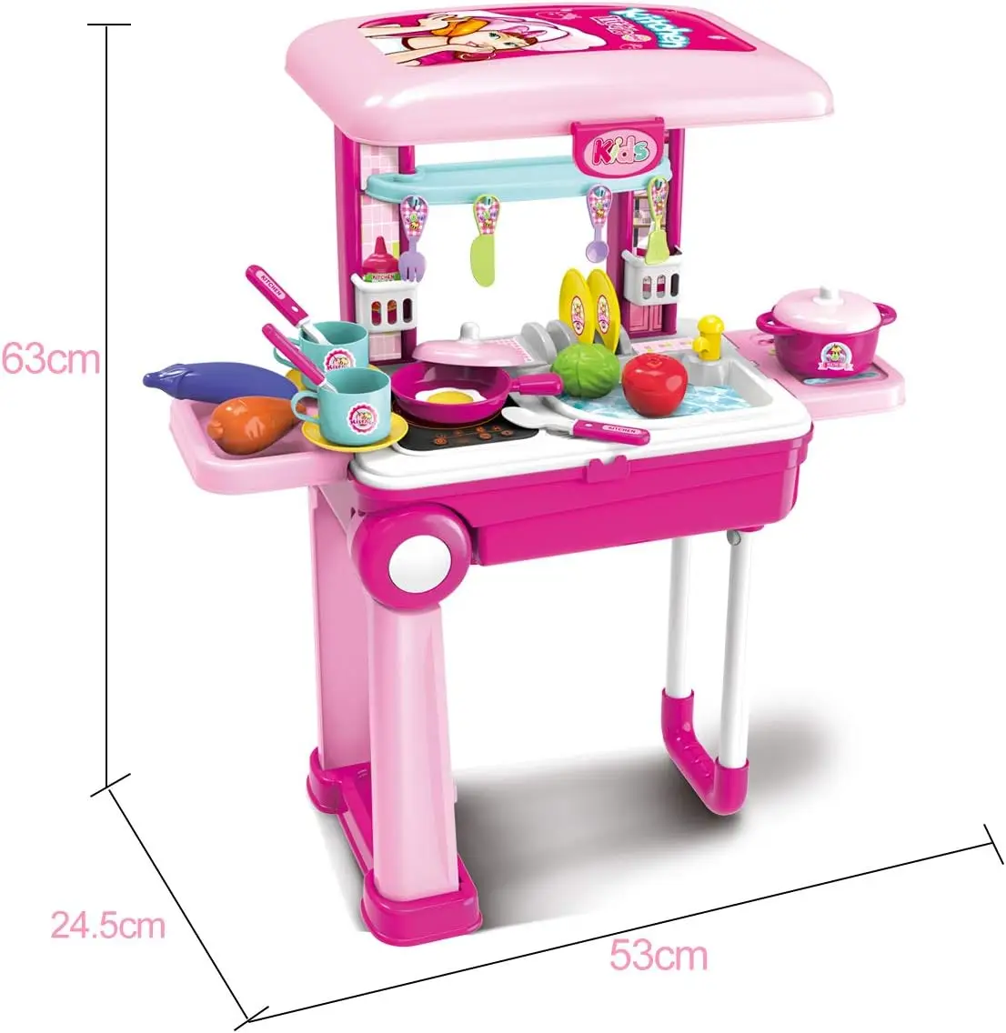 لعبة المطبخ التظاهري للفتيات 4-8، 2 في 1، أمتعة السفر تتحول إلى لعب المطبخ مع أضواء وأصوات حقيقية