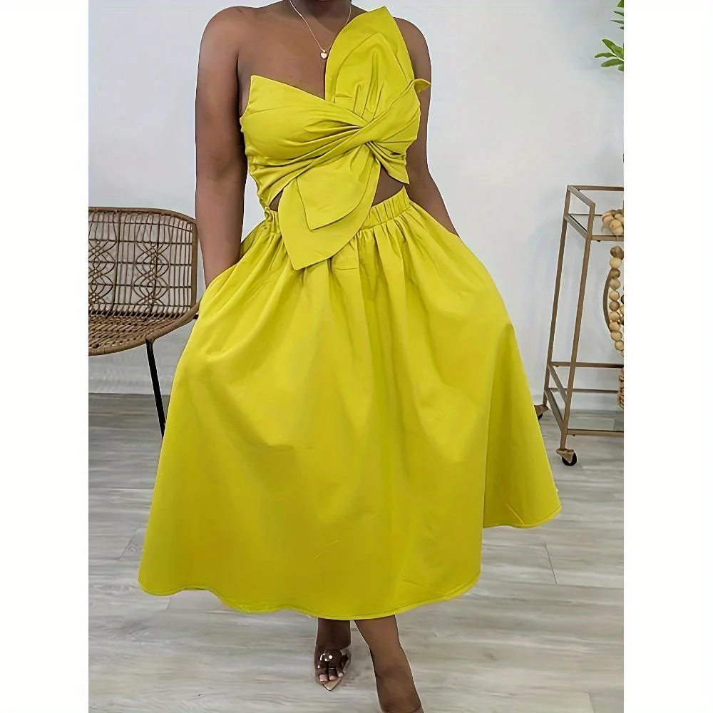 

Sexy Bow-decorated Off-shoulder Sleeveless Asymmetrical Irregular Design Pleated Hollow Holiday Midi Skirt