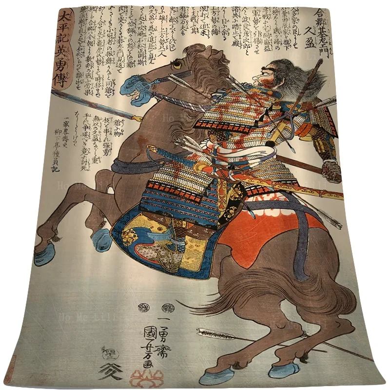 Kozaemon Hisamitsu On Horse The Young Benkei Fighting The Carp In The Water Ukiyo Monster Flannel Blanket By Ho Me Lili