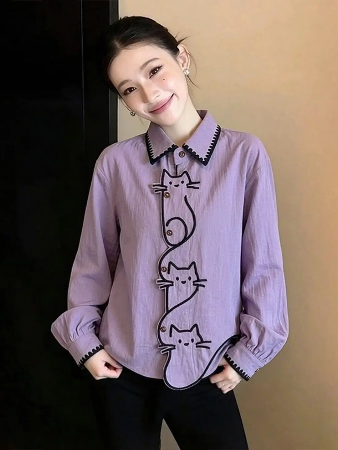 

plus Size Purple Long Sleeve Shirt Women's Spring Design Sensation Unique Beautiful Top Korean Style Loose Fit Casual Wear