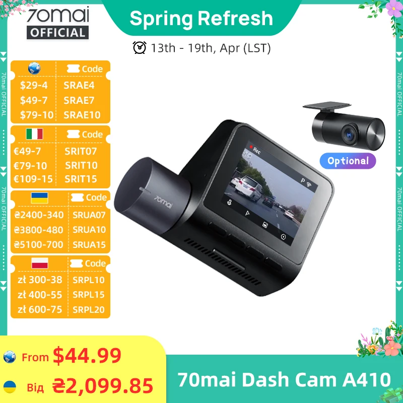 70mai Dash Cam A410 Front 1440P Rear 1080P Car DVR Upgraded Ver. of 70mai A400 Car Recorder 24H Parking Mode Support Max 256GB