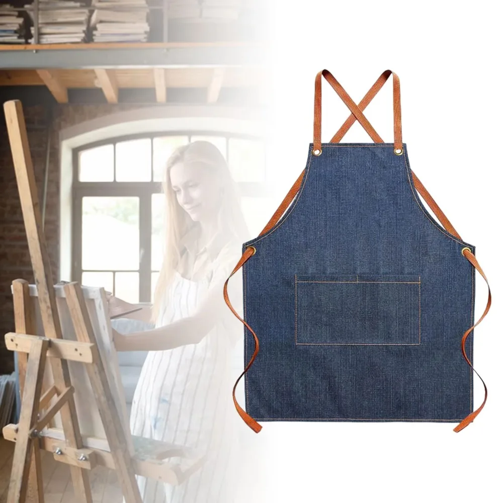 

Dirt-resistant Cross Back Denim Apron with Pocket Adjustable Waist Kitchen Chef Apron Wear-resistant Unisex Studio Work Clothes