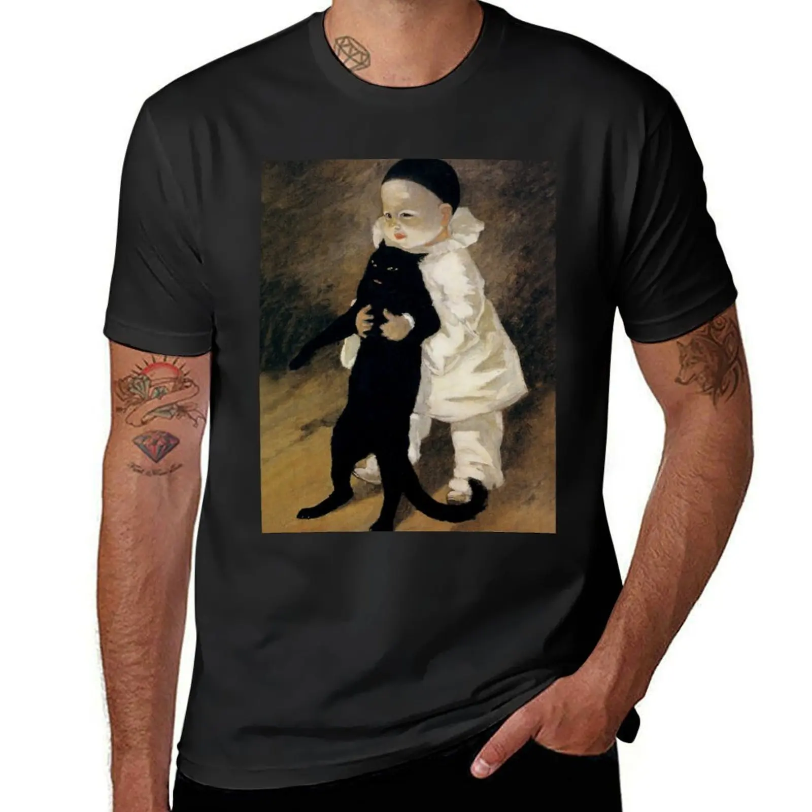 “Pierrot and the Cat” by Theophile Steinlen T-Shirt shirts graphic tees oversizeds mens tall t shirts