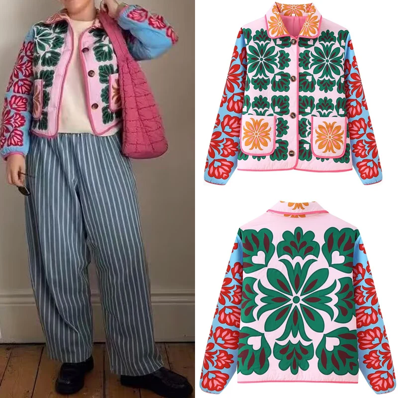 

Autumn Winter Turn-down Collar Long Sleeve Single-breasted Print Coat Women Pockets Decoration Parkas Female Casual Wear 2025