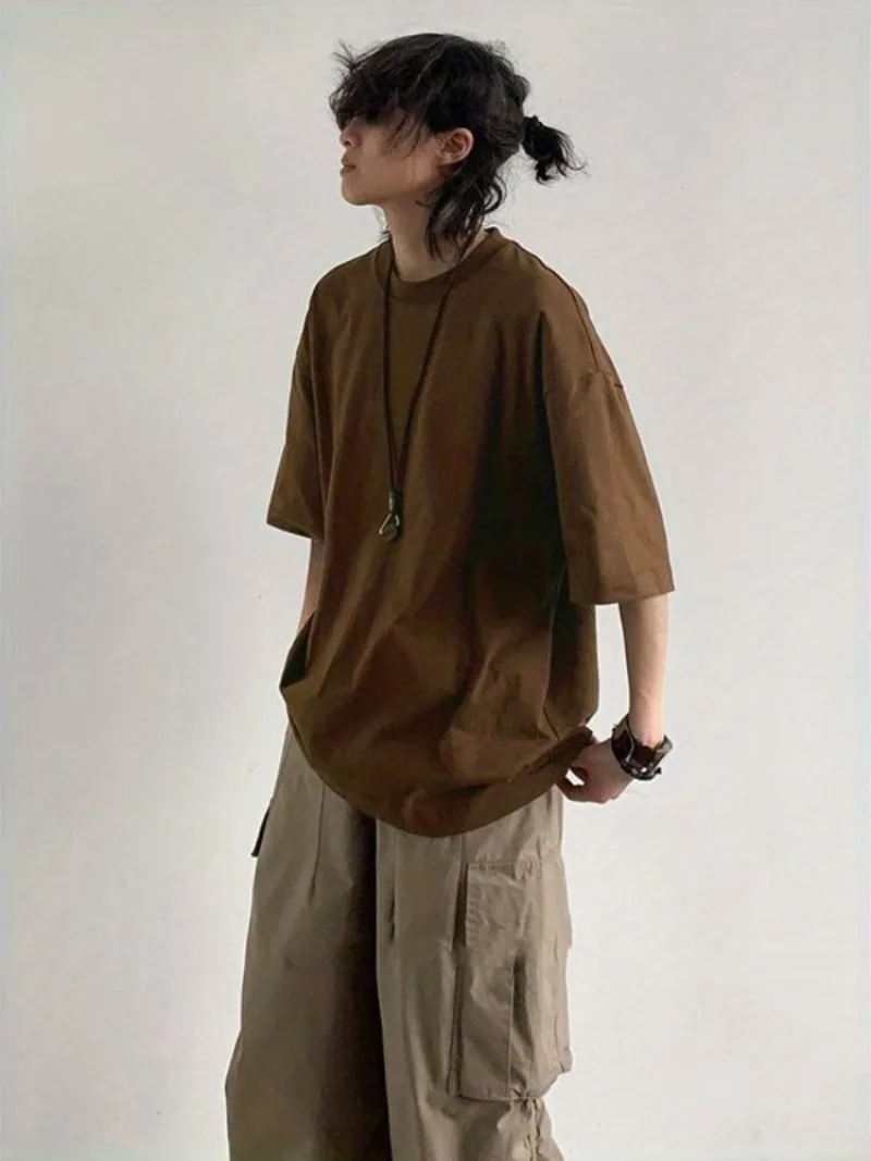 

Men Japanese Style Workwear Set 2 Pieces Large Pocket Cargo Pants Heavyweight 260g Short Sleeve T Shirt Loose Fit Versatile