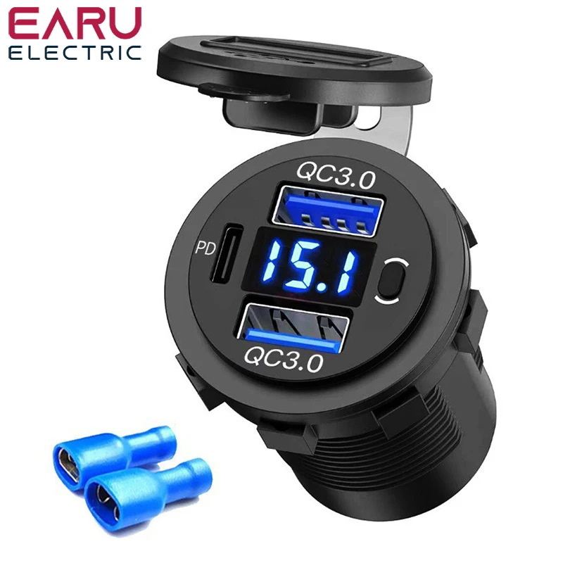Cargador USB Coche Con QC 3.0 Y Voltímetro Digital – Interruptor ON/OFF, Para 12V/24V, Con Tapa Antipolvo
