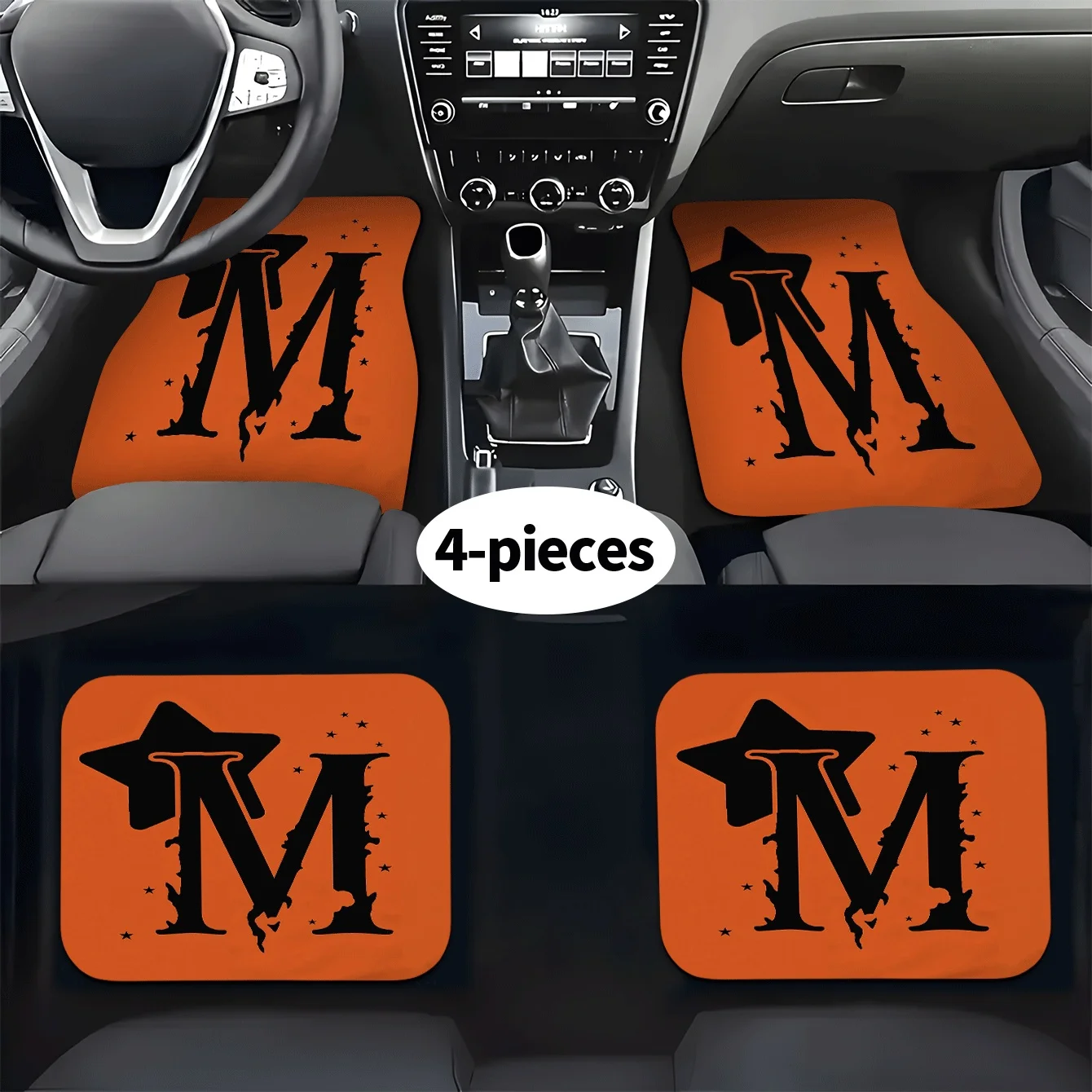 4pcs Floor Mats With Black Lettering On Orange Background, Suitable For All Models, Material, Stylish And Durable, Easy To Clea