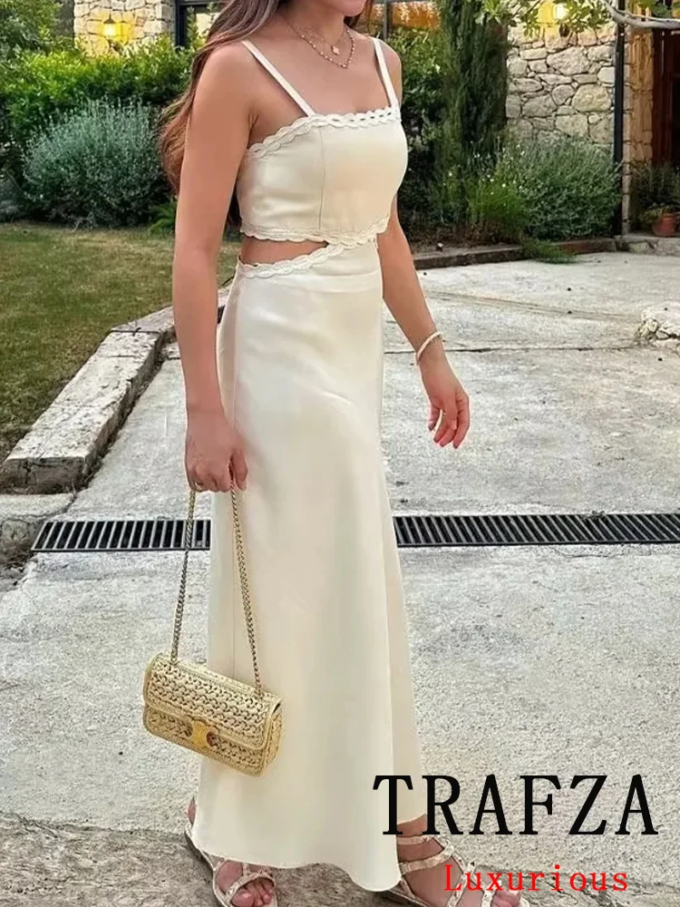 TRAFZA Vintage Chic Solid  Women Dress Sleeveless Backless Hollow Out Dress New Fashion 2024 Summer Chic Beach Party Dress