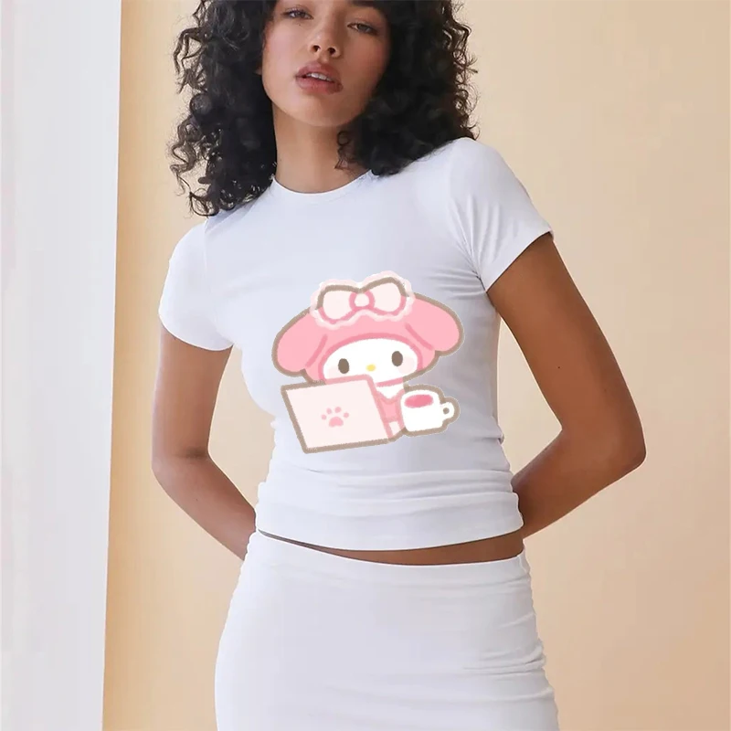 Korean Anime Sanrio My Melody Print Summer T-shirt Women Retro Fashion Casual  Versatile Short T-shirt Clothing