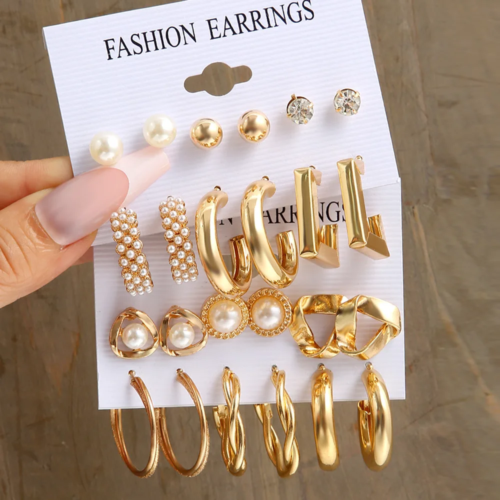 

Gold Color Geometric Metal Earring for Women Retro Imitation Pearl Water Zircon Earrings Set 6-piece Fashion Party Jewelry Gift