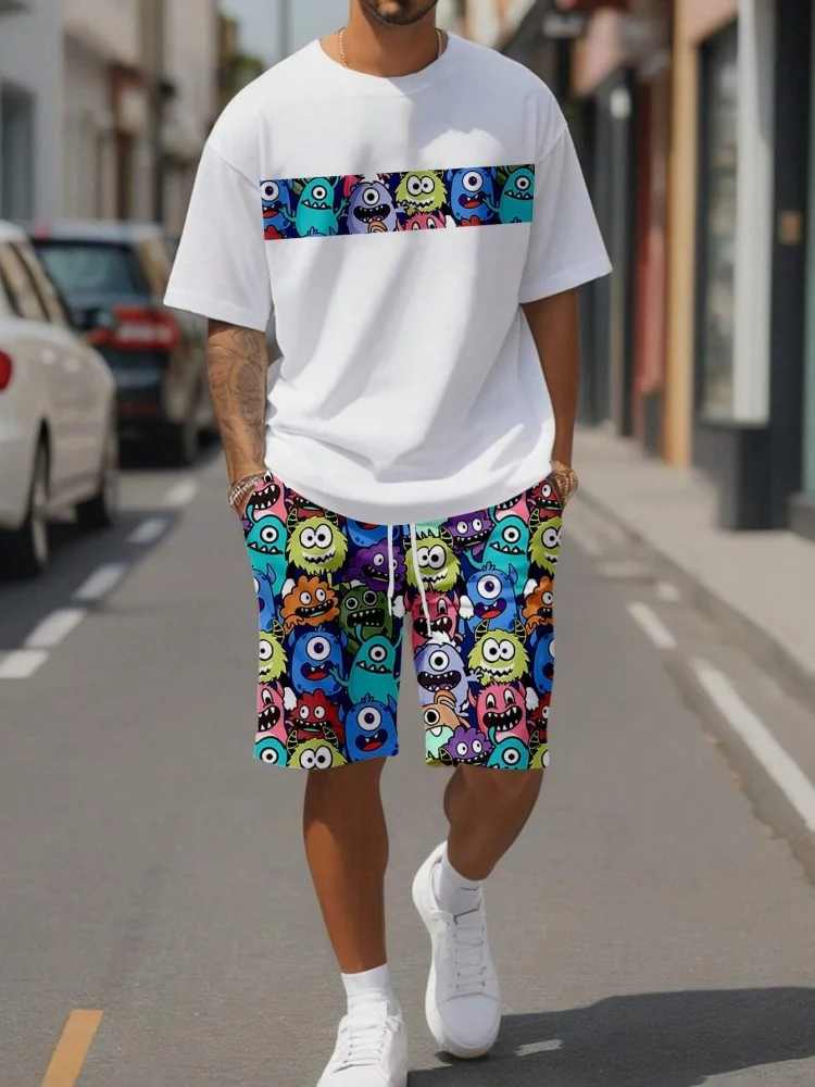 Cute Cartoon Print Summer Casual Crew-neck Men\'s Suit Urban Fashion Street Short-sleeved Top And Shorts Casual All-match Outfit