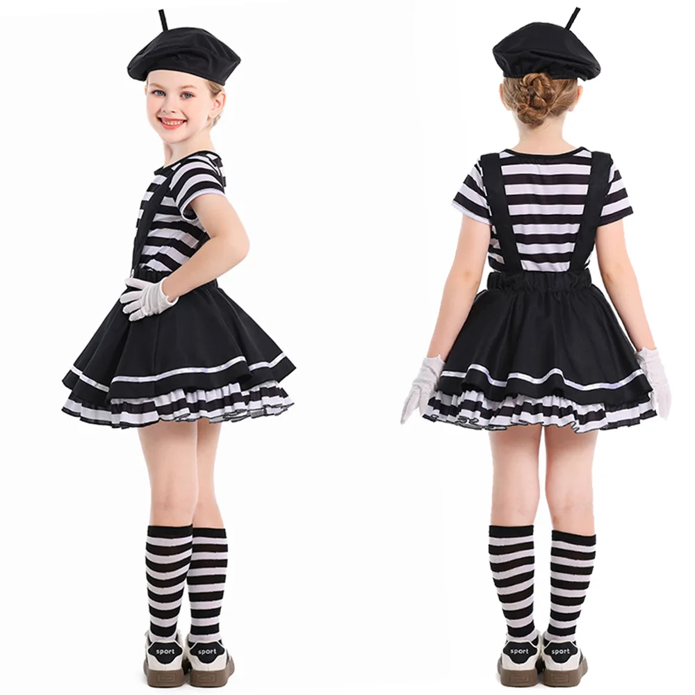 Funny Clown Cosplay Fantasy Girls Clothing Black White Striped Stage Costume Disguise Teen 6 to 14 Years Roleplay Party Outfits