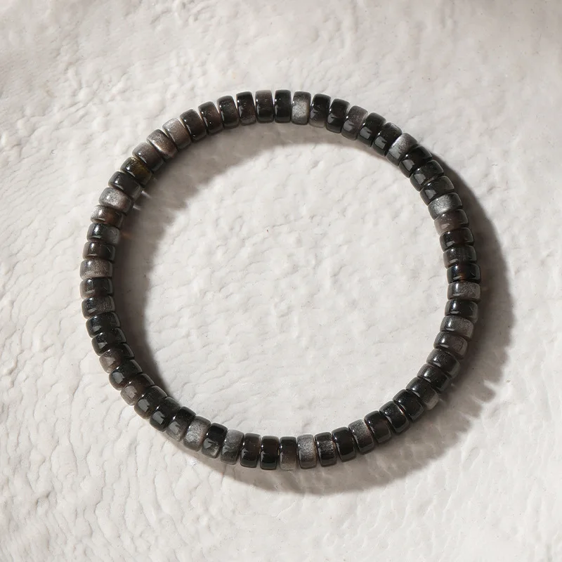 Natural Silver Obsidian Tablet Cut Beaded Bracelet, Flat Slice Gemstone Single Strand Bracelet Crystal Worry Stone Jewelry
