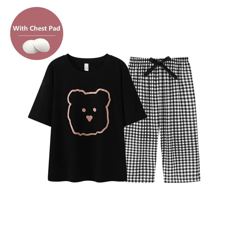 With Chest Pad Summer Style Pyjamas Women Short Sleeve Female Plaid Print Princess Pajamas Set Lovely Cartoon Pijamas Feminino