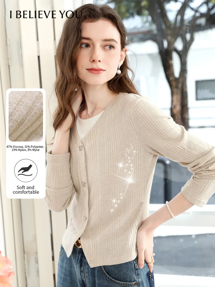 I BELIEVE YOU Women's Apricot Fake Two V-neck Knitted Tops Autumn Chic Butterfly Button Slim Top O-neck Thin Sweater 2253016122