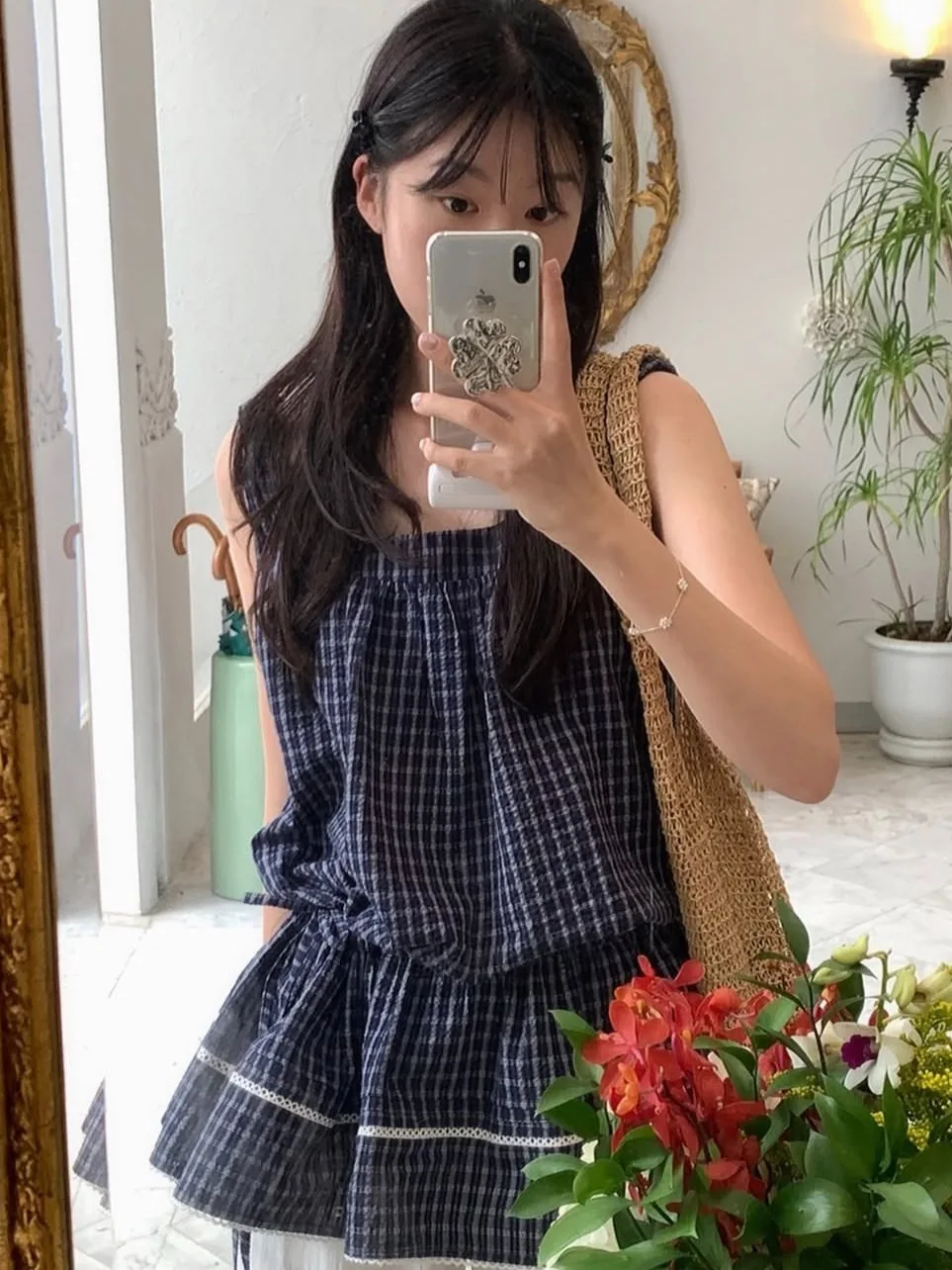 

Chic Summer Vintage Women's Gingham Plaid ift Dr with Pleated Waist Tie Square Collar Vest Dr Faionable Ele