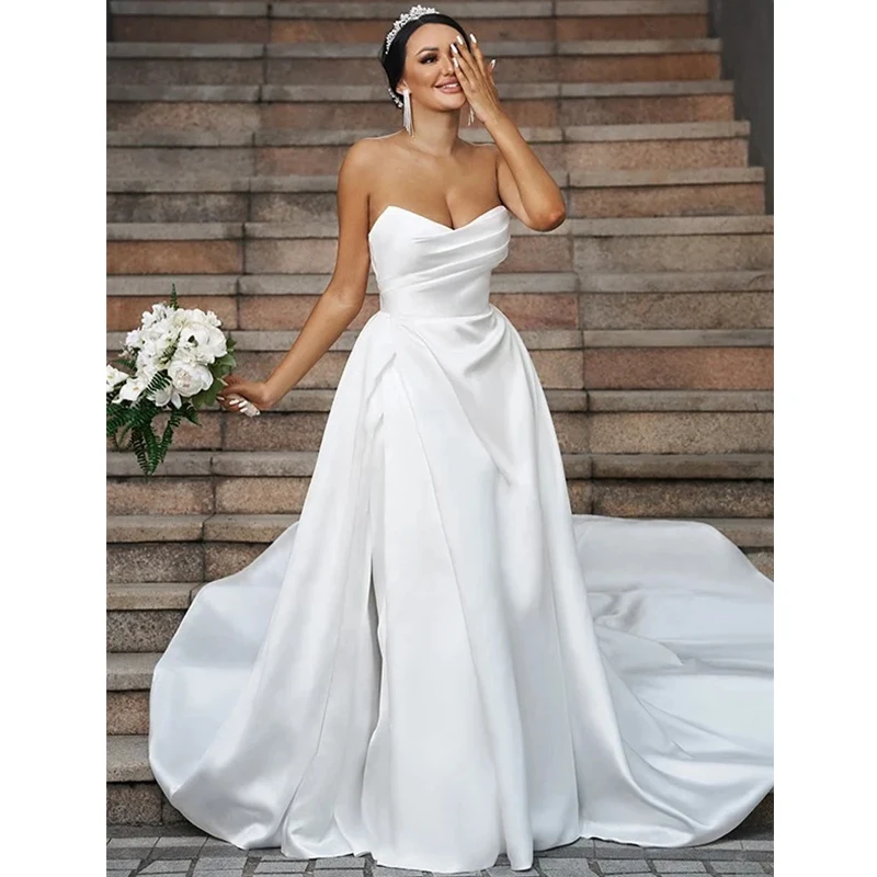 Sweetheart Lady Bridal Dresses Mermaid Elegant Satin White Sleeveless Wedding Gowns Formal Beach Party Prom Dress Church Robe De