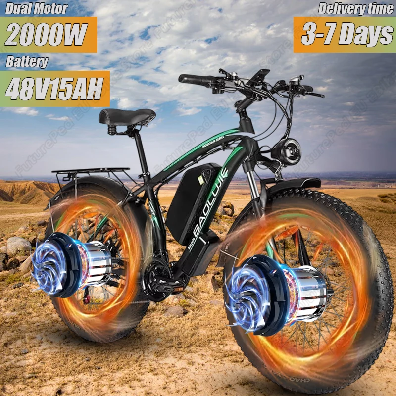 2000W Dual Brushless Motor 48V15AH Lithium Battery E-bike Mountain Electric Bicycle 26*4.0 Inch Fat Tire Aldult Electric Bike