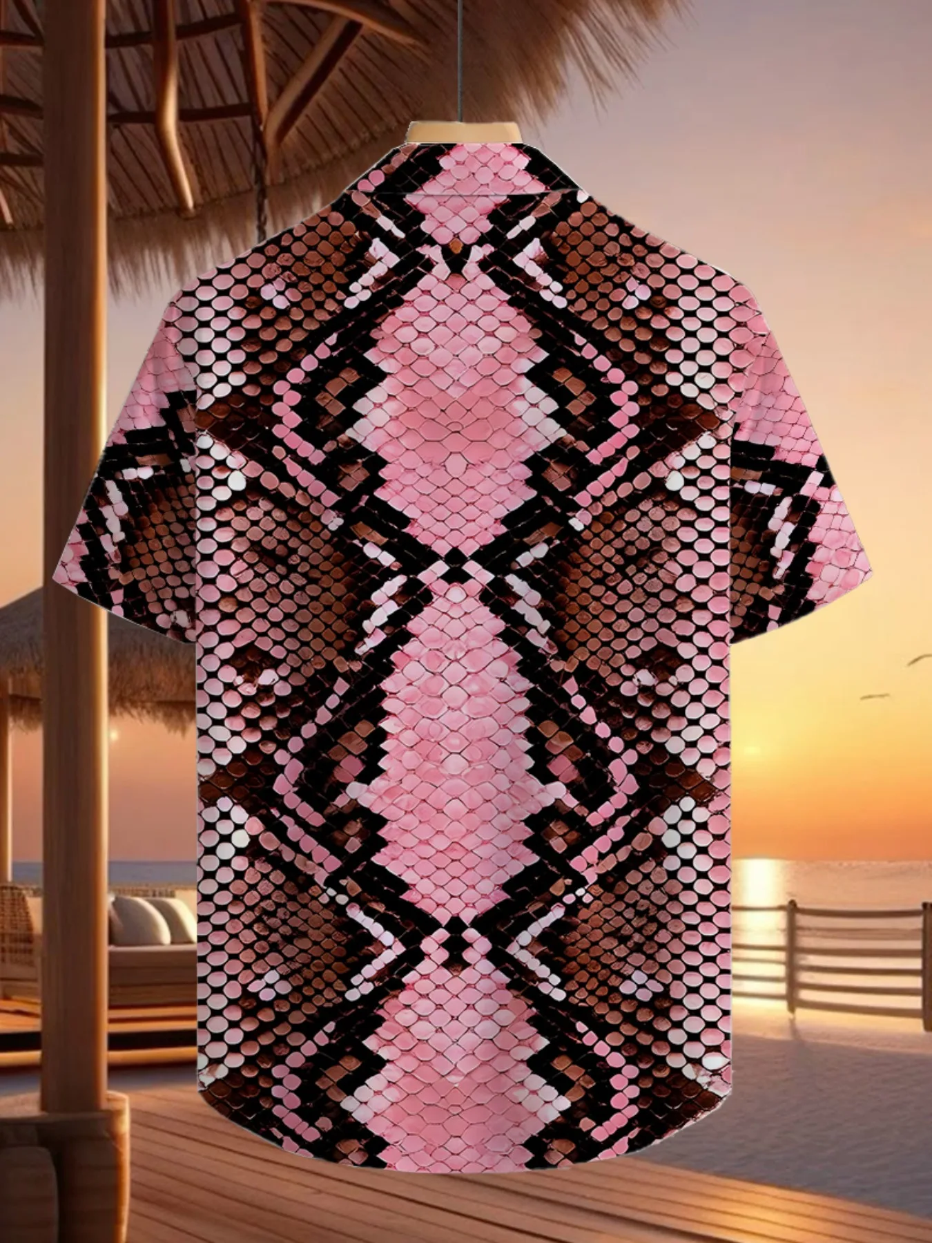 European and American Style Gradient Pink Snakeskin Pattern 3D Printed Cardigan, Summer Men's Retro and Casual Aloha Shirt.