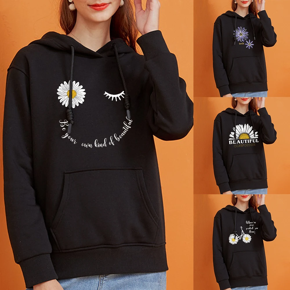 Fashion brand 2021 spring and autumn fresh little chrysanthemum print pattern hoodie with hood warm sweatshirt casual hoodie