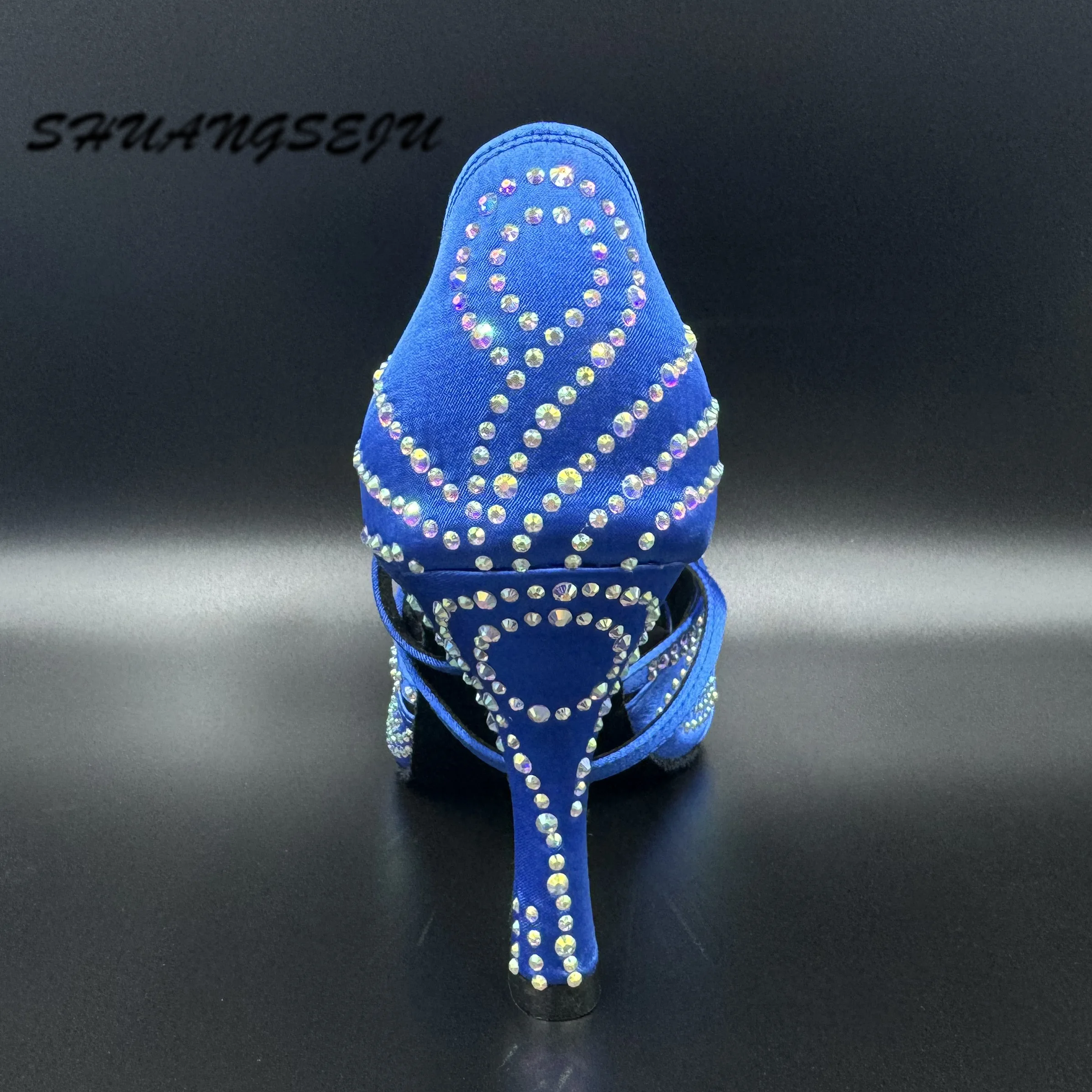 SHUANGSEJU New royal blue satin Latin dance shoes professional ballroom salsa bachata soft-soled dance shoes with mid-high heel view 3