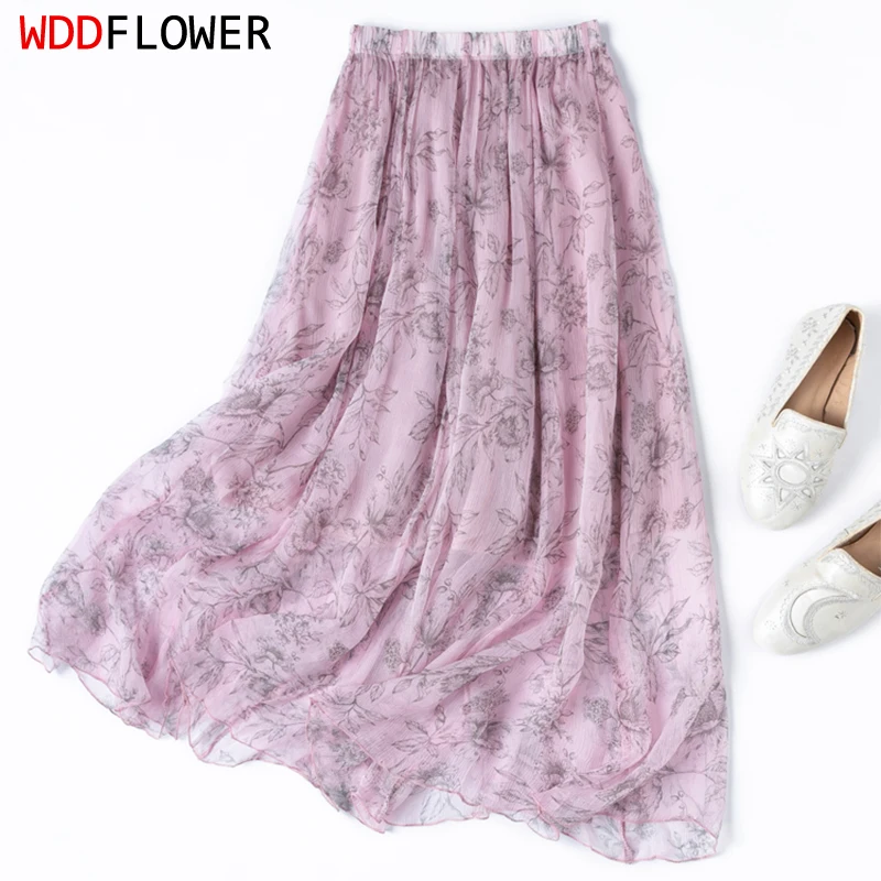 Women Silk Skirt 100% Mulberry Silk Pink Black Floral Printed Long Type Big Hemline Skirt With Lining Summer Beach M1372