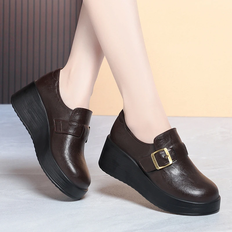 

Womens New Black Leather Wedge Loafers With Buckle Thick Platform Non Slip Sole Comfortable Casual Shoes For Middle Aged Moms