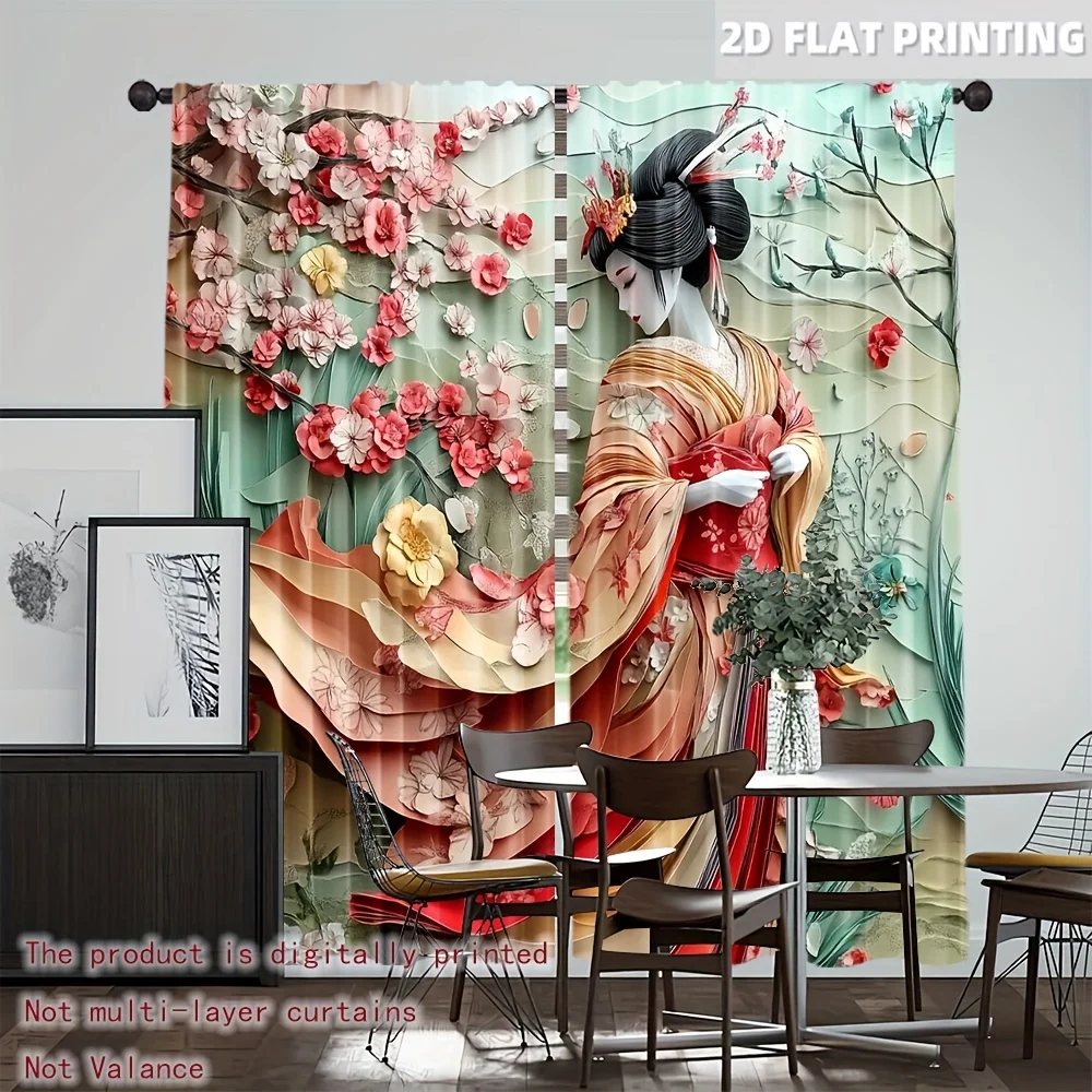 3D Paper Cut Geisha Cherry Curtain 2 Panels Kimono Lady Plum Floral Light Green Background Master Curtain Japanese Art Home