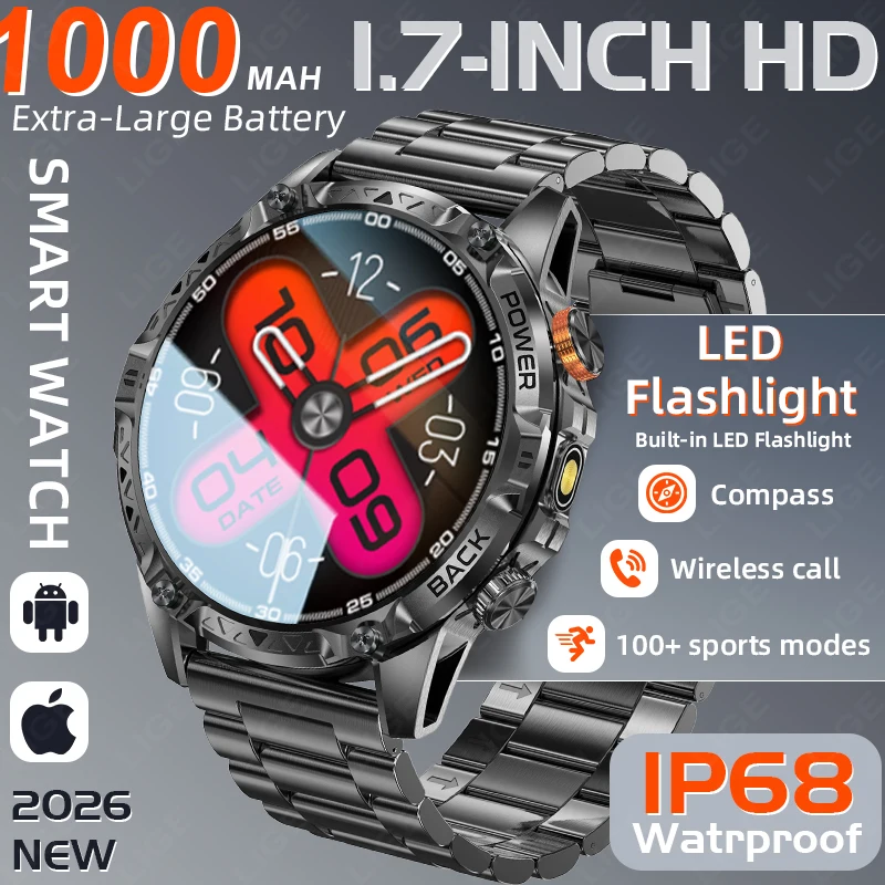 

Умные часы LIGE 1000 мАч с Bluetooth-вызовами, 1,7-дюймовым экраном, голосовым помощником, спортивные, для фитнеса, водонепроницаемые IP68, для мужчин