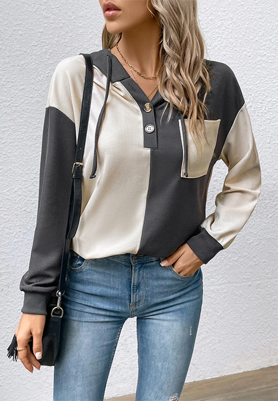 

Asymmetrical Color Block Beige and Gray Hooded Sweater Button Front V-neck Knit Pullover Top for Fashion Women