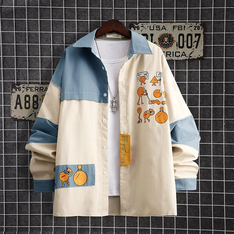2025 Long Sleeved Patchwork Shirt Men Youthful Vitality Japanese Style Loose Outerwear Shirt Male Young Couple Casual Shirt Man