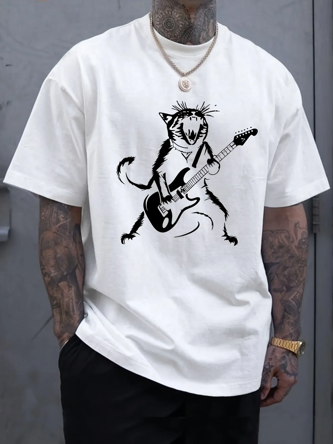 

Animal With Guitar Graphic Men's Short Sleeve T-shirt, Comfy Stretchy Trendy Tees For Summer, Casual Daily Style Fashion