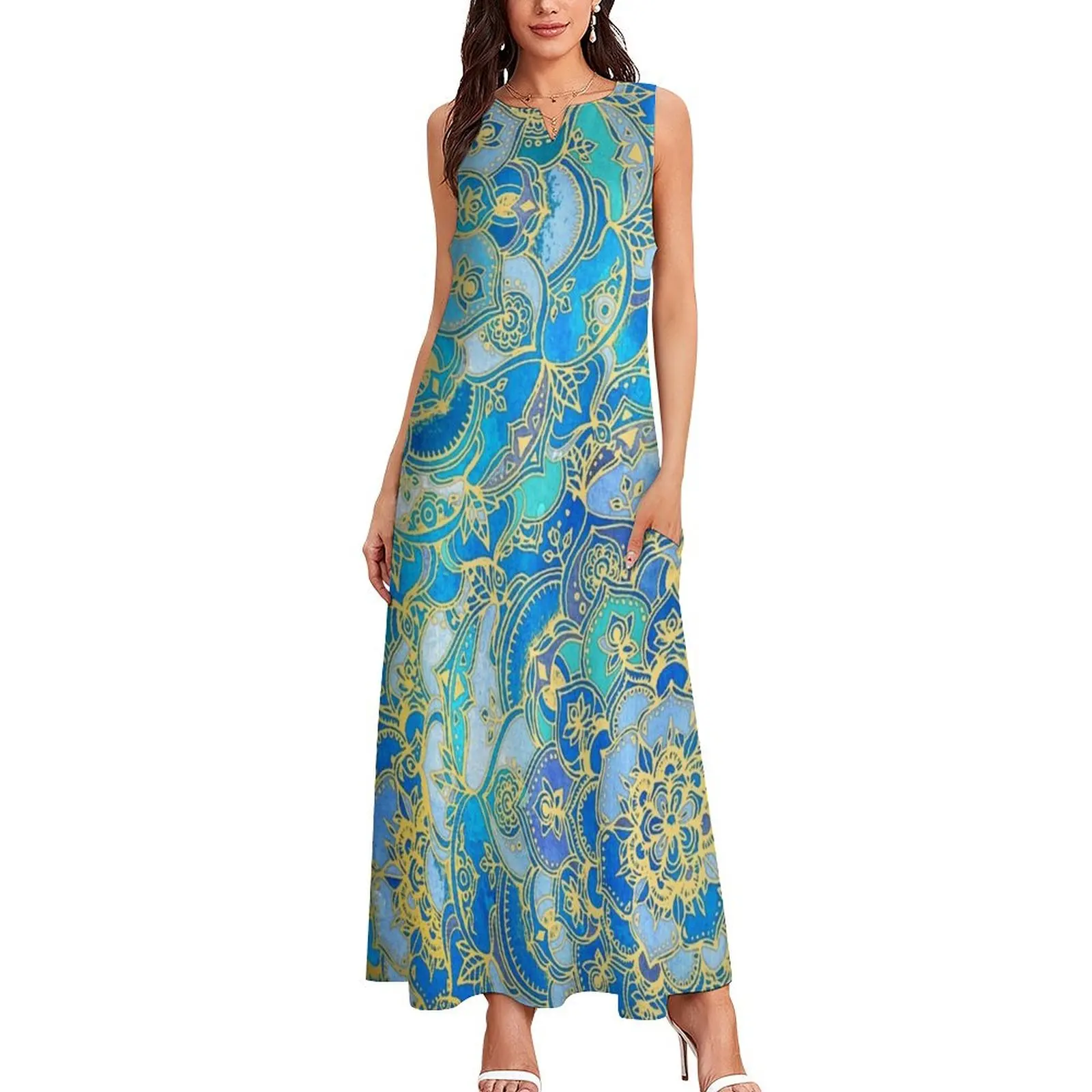 Mandalas de zafiro azul para mujer, vestido largo elegante, vestidos de verano, 2024