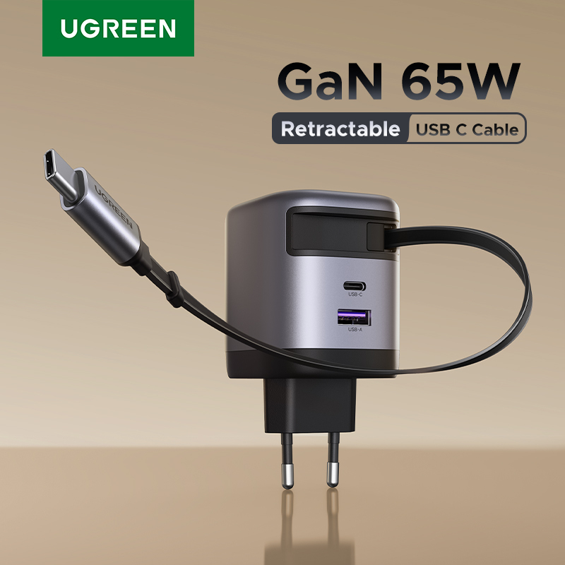  UGREEN 65W GaN Charger With Retractable USB C Cable For iPhone 17 16 Pro Samsung Xiaomi Laptop Macbook Tablet PD Fast Charger 