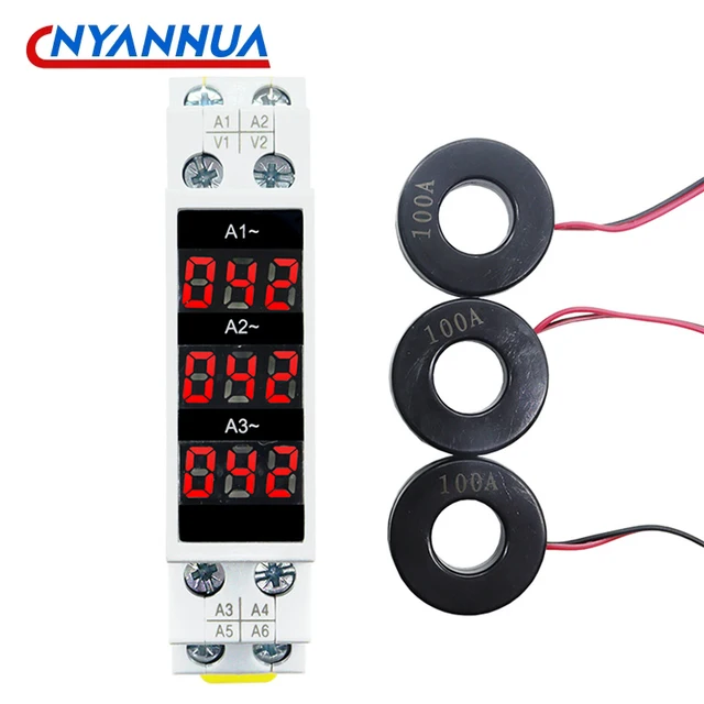 Cyfrowy wyświetlacz na szynę Mini Din Trójfazowy modułowy miernik prądu Wskaźnik LED 1-100A 220V 380V