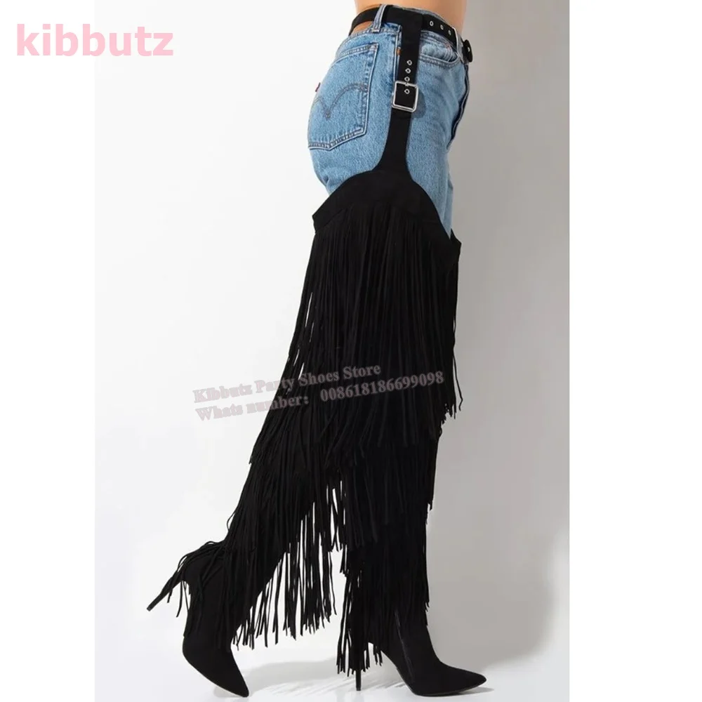 Over The Knee High Boots Tassel Fringe Belted Chaps Pointed Toe Thin Heel Side Zipper Solid Color Suede Fashion Novelty Sexy New