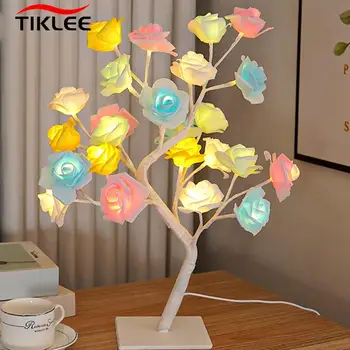 Lampes de Table en Forme d'Arbre à Fleurs Dégradées, 24 LED, Veilleuse en Cuir oral elu Érable Rose, Fonctionne avec USB, Cadeaux pour ixde Mariage, Décoration de Chambre d'Enfant