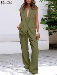 Stylish Tracksuits Streewear ZANZEA 2024 Fashion Blazer Suits Women 2 Pieces Sets Elegant V Neck Sleeveless Vest Tops Pant Sets