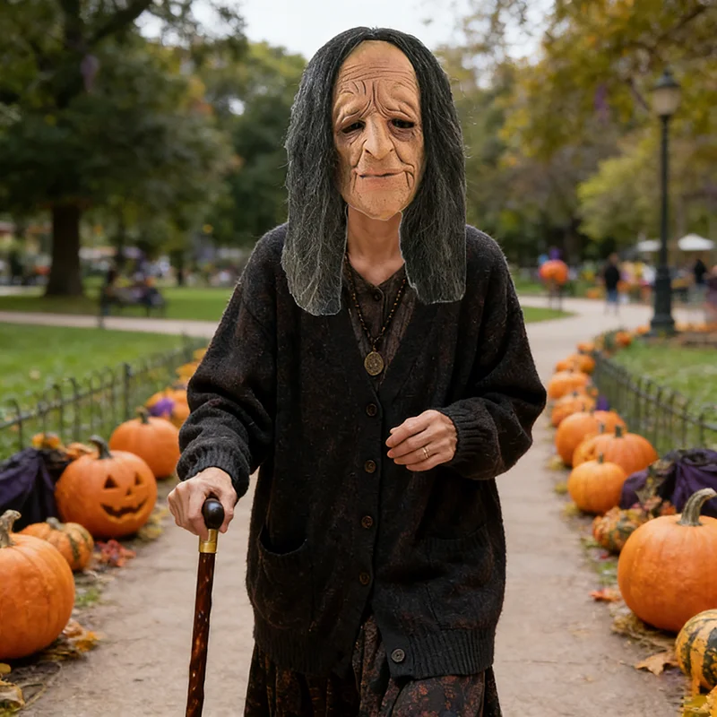 

Realistic Old Lady Latex Mask, Elderly Woman Mask with Long Black Hair, Senior Latex Mask for Halloween Cosplay Party Headwear