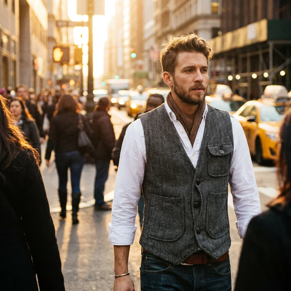 

Vest Men's Casual V Neck Tooling Formal Herringbone Tweed Brown Wool Waistcoat Business Vest Groomsman For Wedding Prom