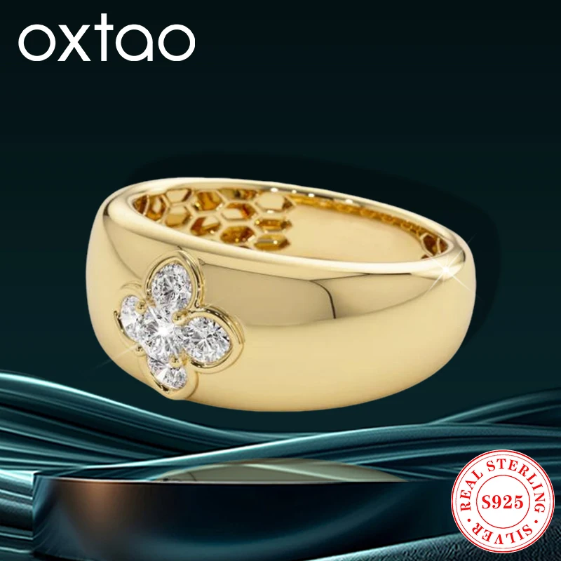 

OXTAO 2.5mm&2.2mm Moissanite Flower Ring Ladies Certified S925 Silver Chunky Clover Wedding Rings 14k Gold Plated Jewelry Gift