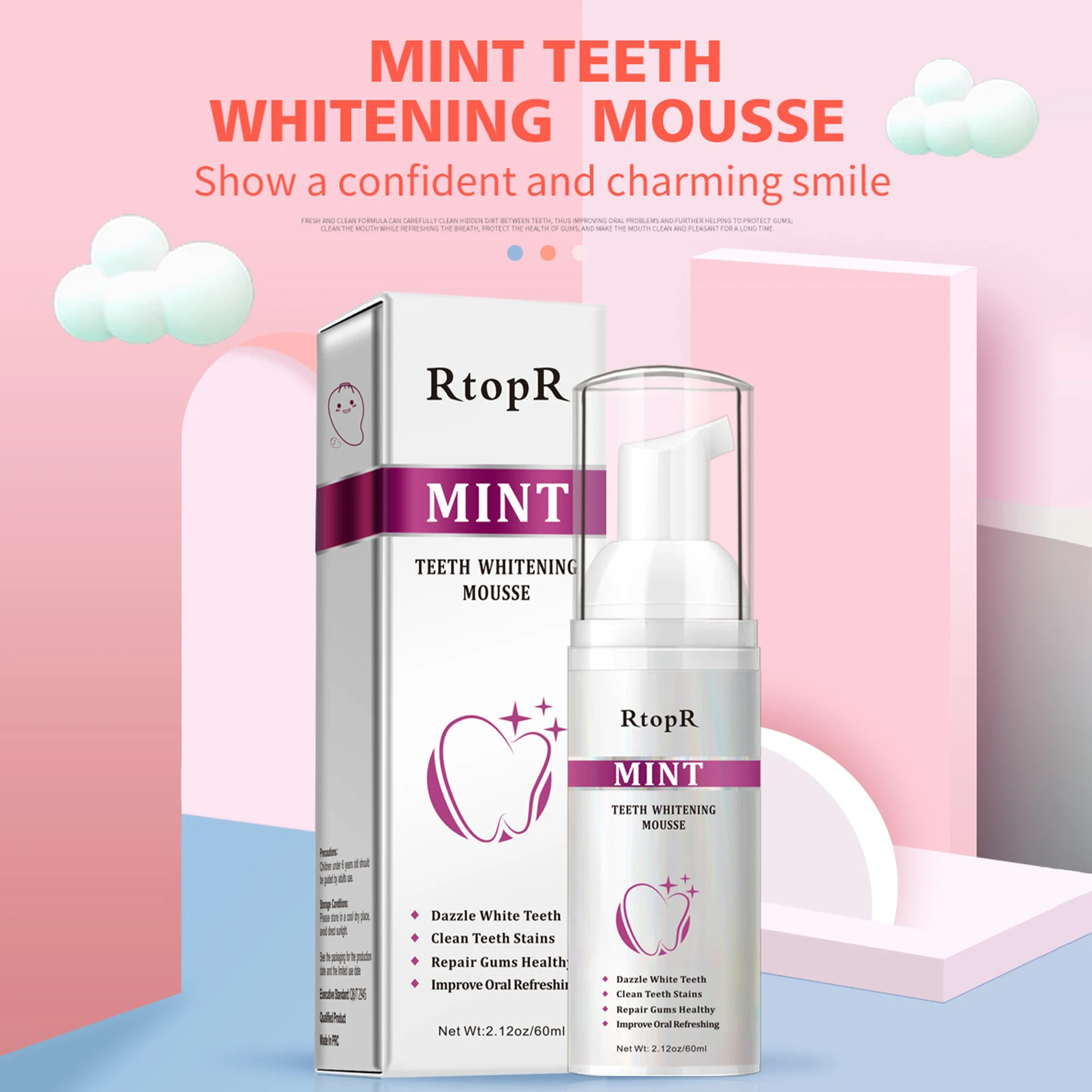 Mousse de clareamento dental, espuma de hortelã, creme dental, mousse de limpeza dos dentes, remove manchas, bicarbonato de sódio, espuma ultrafina profundamente