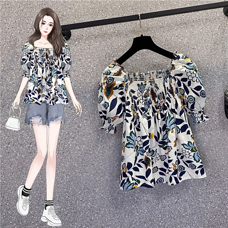 

plus Size Summer Vintage Shirt Floral Lace up Bubble Sleeve Cover Belly Slimming Effectiveness Korean Style High Waist Skirt
