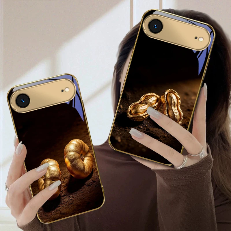 Golden Double Peanuts For iPhone Air 16E 15 PRO 14 13 Plus 12 mini 11 17 Pro Max XR 16 17ProMax 17Pro Golden glass phone case