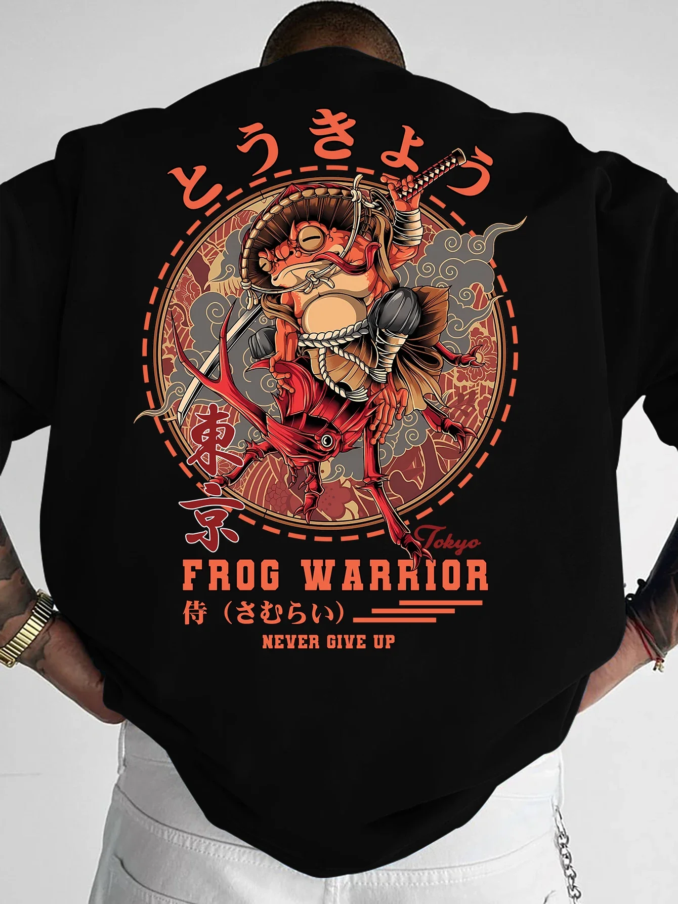 Herren-T-Shirt, Tokyo Frog Samurai Warrior, japanischer Textmusterdruck, Ukiyo-e Streetwear, Alltagskleidung, S-XXL – Detail 2