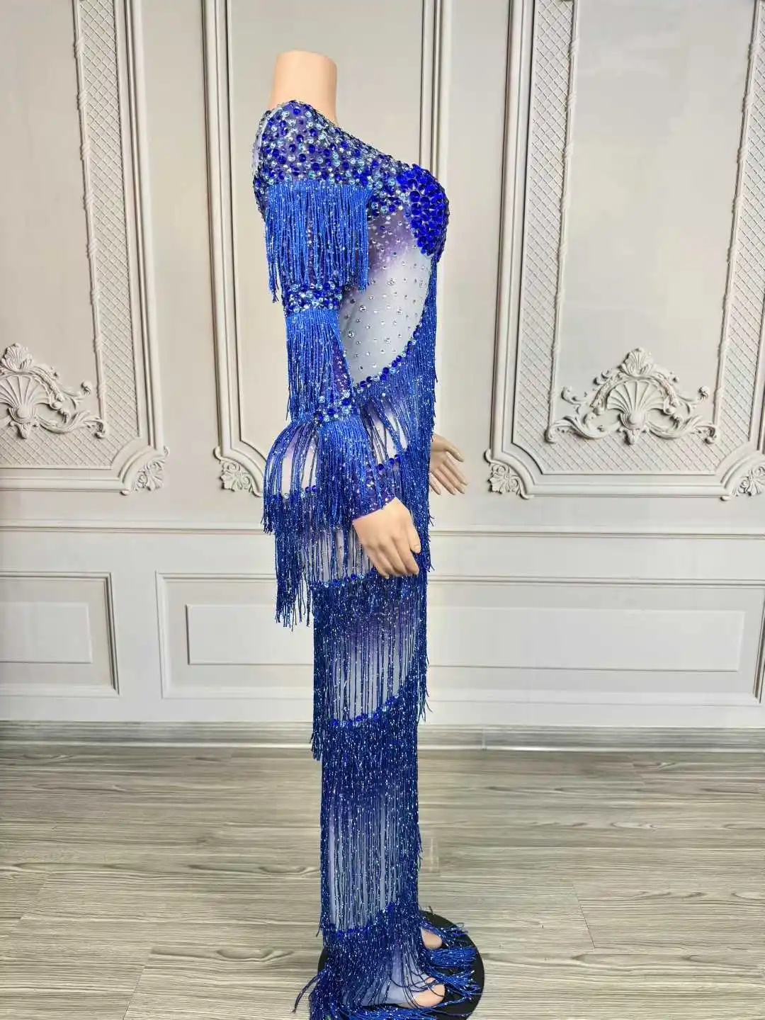 キラキララインストーンフリンジマキシロングドレス女性のセクシーな透明エレガントなイブニングパーティー誕生日ドレス写真撮影ステージ着用