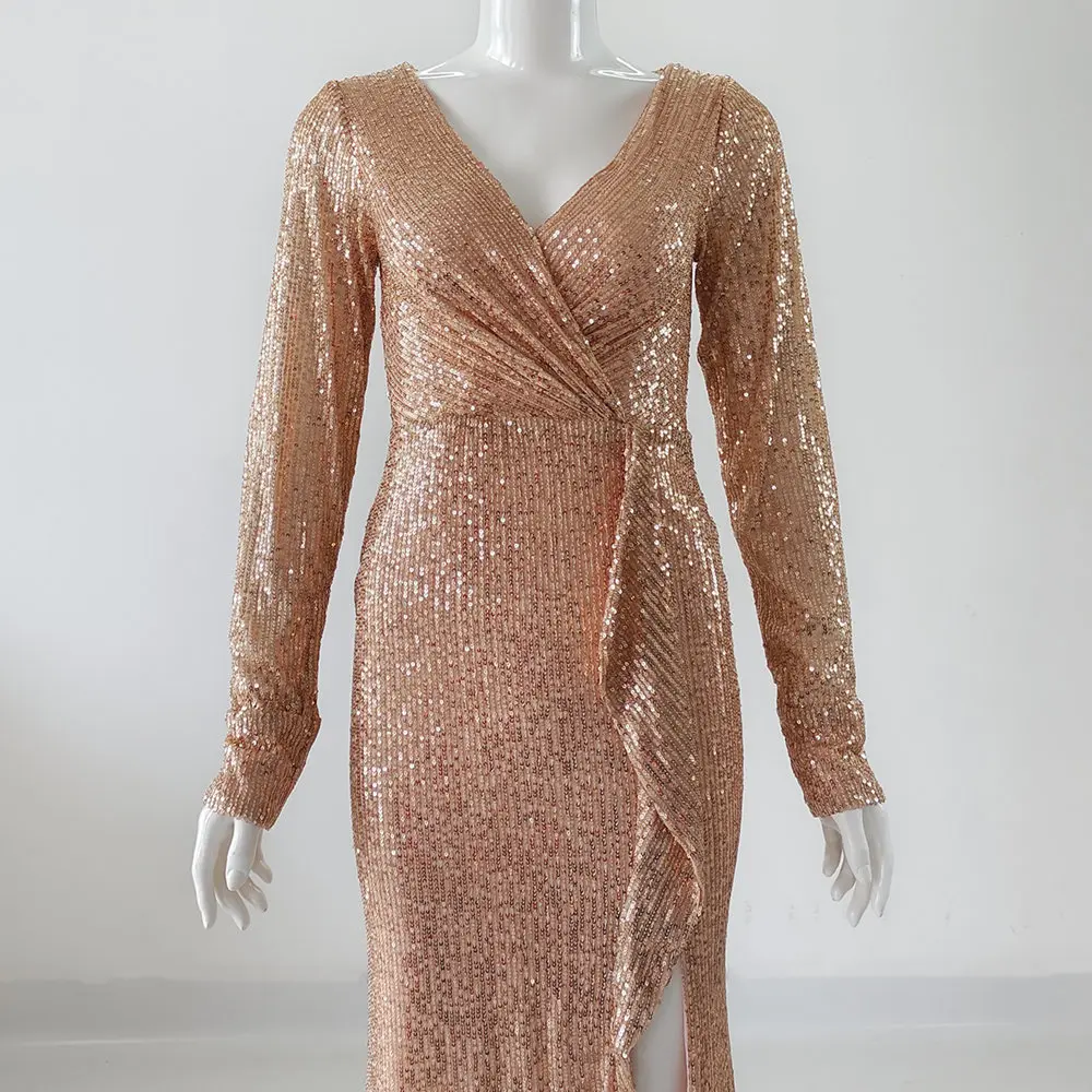 It's Yiiya-Robe de soirée à paillettes dorées pour femmes, robe sirène, col en V, manches longues, grande taille, robe de soirée formelle, photo réelle, 123