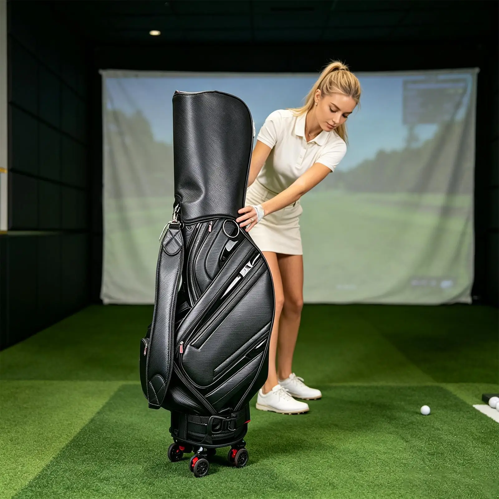 Golf Bag Wheel Base Portable Holder with 360 Degree Swivel Wheel and Brake Golf Equipment Stand for 5-9.5 Inch Bag Driving Range