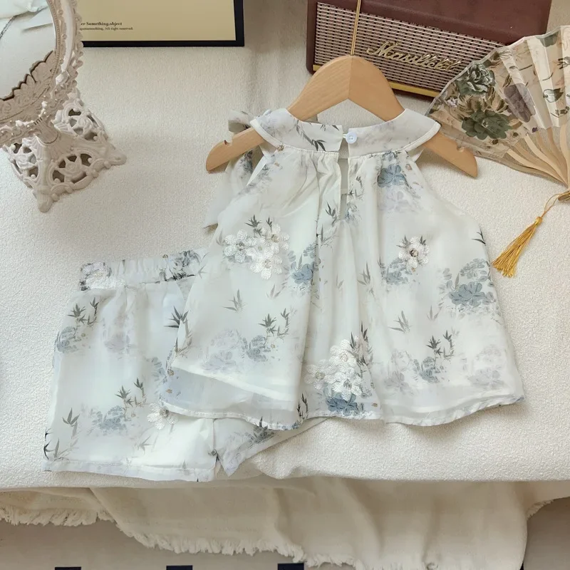 

Chinese Style Floral Halter Top + Shorts Two-piece Set for 2-7yrs Girls' Suit Summer New